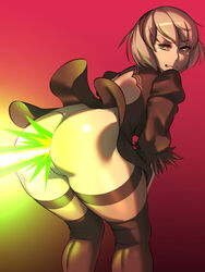 bent_over blue_eyes fart fart_fetish grey_hair large_ass laser laser_fart nier:_automata skirt_lift special_attack thick_thighs thighhighs unusual_fart yorha_2b