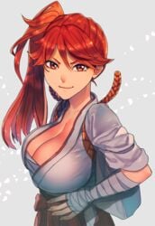 1girls chest_wraps cleavage clothing hakama hi_res kimono large_breasts looking_at_viewer ponytail red_eyes red_hair sakura_wars sega shin_sakura_taisen shinonome_hatsuho side_view smile solo