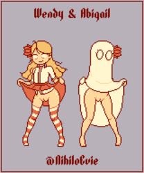 2girls abigail_carter bare_legs bare_thighs blank_eyes blonde blonde_hair don't_starve don't_starve_together english english_text eyes eyes_open female female_only flashing flower flower_in_hair ghost hair klei_entertainment long_hair multiple_girls nihiloevie no_panties open_eyes pixel_art pussy simple_eyes sisters skirt skirt_lift skirt_up smile smiling standing stockings text twins twintails vagina wendy_carter white_eyes yellow_hair young