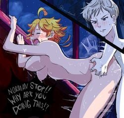 1boy 1boy1girl 1girls 2019 aged_up bare_arms bare_back bare_breasts bare_legs bare_shoulders blue_eyes blush breasts colored_background crying deanialsart doggy_style emma_(the_promised_neverland) fanart female female_penetrated male_penetrating male_penetrating_female naked norman_(the_promised_neverland) nude_female open_mouth pale-skinned_female pale-skinned_male pale_skin penetration rape straight text text_bubble the_promised_neverland vaginal vaginal_penetration vaginal_sex watermark white_hair