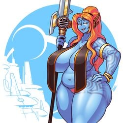 amazon background big_breasts blazbaros blue_skin bracelet breast_curtains breastcloth breasts_bigger_than_head city cleavage curvy female female_only fiery_hair hair_ornament halberd huge_breasts long_hair matron milf moon mother navel no_bra no_nose nude nude_female nudity orange_hair plump pubic_hair red_eyes red_hair revealing_clothes seductive seductive_smile skimpy_clothes smiling smiling_at_viewer smug solo solo_female tattoo tau thick_thighs thighs tribal venus_body voluptuous warhammer_(franchise) warhammer_40k weapon wide_hips