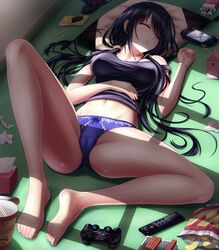 1girls barefoot belly_button black_hair black_shirt cameltoe detailed_background feet food light-skinned_female pale-skinned_female pale_soles purple_panties sleeping soles solo solo_female solo_focus toes tv_remote video_games white_skin wide_hips