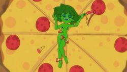 1girls accurate_art_style alien bad_censor bottomless censored cheese covering covering_crotch edit edited female_only green_hair green_skin hands_up_(joel_g) joel_g margo_(joel_g) nipples no_panties nude_edit nude_filter pepperoni pepperoni_pizza pizza tagme