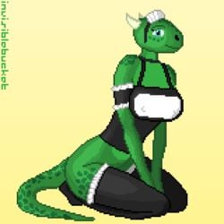 1girls anthro argonian bottomless breasts female invisiblebucket lifts-her-tail looking_at_viewer lusty_argonian_maid maid maid_headdress maid_uniform nipple_outline pixel_art reptile scalie solo stockings the_elder_scrolls thighs