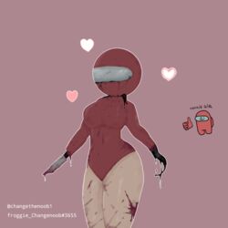 alien among_us black_tentacles black_water blood changethenoob1 chop_hand hand_cut heart impostor_(among_us) knife murder no_hands pink_background red_(among_us) spacesuit tagme tentacle thick_thighs