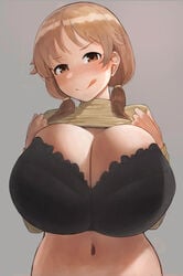 bra brown_eyes brown_hair cleavage curvy female huge_breasts katagiri_sanae licking_lips looking_at_viewer oruka_(kamituki0827) short_hair smiling the_idolm@ster the_idolm@ster_cinderella_girls thick_thighs tongue_out