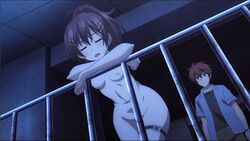 1boy 1girls against_fence against_railing against_wall balcony breasts completely_nude dokyuu_hentai_hxeros exhibitionism female fence male momozono_momoka night nude railing screencap screenshot standing stitched thigh_strap