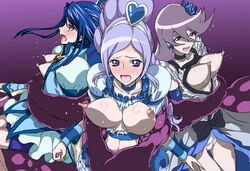 3girls blue_eyes blue_hair breast_pull breasts cameltoe clothing cure_aqua cure_berry cure_moonlight erect_nipples fresh_precure! heartcatch_precure! large_breasts magical_girl medium_breasts miki_aono minazuki_karen nipples open_mouth panties precure pretty_cure purple_hair restrained shorts small_breasts tentacle torn_clothes uraroji yes!_precure_5 yuri_tsukikage