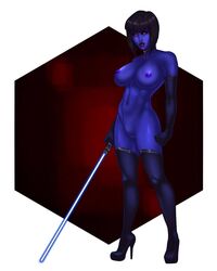 1girls alien alien_girl areolae black_boots black_hair blue_skin bob_cut boots breasts chiss choker elbow_gloves evanyell female female_only functionally_nude gloves heels high_heel_boots lightsaber lipstick looking_at_viewer morella nipples pussy red_eyes red_sclera solo standing star_wars thigh_boots thighhighs