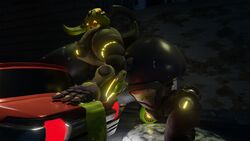 16:9 3d 3d_(artwork) alley armor ass big_breasts big_butt blizzard_entertainment bodily_fluids breasts car cum cum_on_breasts cum_on_butt cum_on_face cum_on_ground digitigrade female genital_fluids happy hi_res huge_breasts huge_butt machine nipples omnic orisa overwatch public_use robot snips456 snips456fur solo taur vehicle video_games widescreen