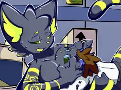 1boy 1boy1girl 1girls anthro black_fur box brainwashing cat_girl changed_(video_game) felid feline feline_humanoid female green_eyes green_fur green_stripes hypnocat_(changed) hypnosis lin_(changed) mind_control rule_63 transformation