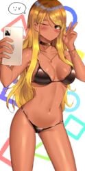 1girls absurdres bangs bare_arms bare_shoulders bikini black_bikini black_choker blonde_hair blue_eyes blush breasts cameltoe cellphone choker cleavage clyde_s collarbone contrapposto cowboy_shot dark-skinned_female dark_skin ear_piercing eyebrows_visible_through_hair female female_only foreshortening groin gyaru highres holding holding_phone huge_filesize idolmaster idolmaster_shiny_colors izumi_mei jewelry kuro_gyaru long_hair long_neck looking_at_viewer medium_breasts navel necklace o-ring o-ring_bikini o-ring_bottom one_eye_closed phone piercing smartphone solo solo_female speech_bubble standing stomach swimsuit v