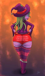 atnog awesomenauts big_butt booty_shorts coco_nebulon looking_at_viewer looking_back smile text thighhighs