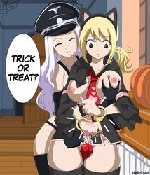 blonde_hair blue_eyes brown_eyes costume fairy_tail groping harisyah lucy_heartfilia mirajane_strauss strap-on white_hair yuri