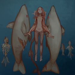 1:1 ambiguous_gender animal_humanoid bone crotch_lines female feral fin fish fish_humanoid fish_tail flat_chested genitals gills grey_body group head_fin humanoid magic_user marine marine_humanoid membrane_(anatomy) monster_girl narah_(portals_of_phereon) necromancer nipples nude portals_of_phereon pussy red_eyes shark skeleton small_waist syvaron undead underwater water webbed_arms webbed_hands wounded zombie