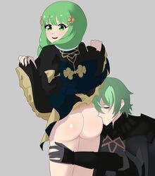 1boy 1girls ass ass_kiss ass_worship big_ass byleth_(fire_emblem) byleth_(fire_emblem)_(male) female fire_emblem fire_emblem:_three_houses flayn_(fire_emblem) green_hair kissing kissing_butt lifted_by_self nintendo no_panties skirt_lift smile umisaki worship