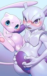 10:16 2girls absurd_res blue_eyes blush duo eye_contact female feral floating genitals gradient_background hand_on_stomach hi_res katahane3 legendary_pokémon looking_at_viewer mew mewtwo nintendo pokemon pokemon_(species) pregnant pussy simple_background standing video_games