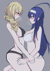 2girls bacantshift1st black_bra black_panties blonde_hair blue_eyes blue_hair bra breasts erika_wagner eye_contact female female_only heavy_breathing large_breasts long_hair multiple_girls open_mouth orie_ballardiae panties red_eyes under_night_in-birth underwear white_bra white_panties yuri