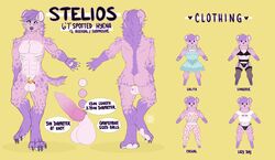 1boy bow chastity_(disambiguation) chastity_cage chastity_device clothed clothing cotton_candy crossdressing english_text feminization furry genitals hyaenid male male_only mammal model_sheet solo text