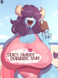 beach big_breasts blue_skin breasts dandy_demons fingernails hair_over_eyes heart_tail horn horns huge_breasts ice_cream long_fingernails peculiart pink_swimsuit purple_fingernails purple_hair sue_(peculiart) swimsuit tail wide_hips