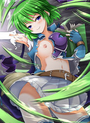 1girls bare_midriff bare_thighs blue_eyes book breasts breasts_out exposed_breasts female fire_emblem fire_emblem:_the_blazing_blade green_hair looking_at_viewer magic medium_breasts midriff nino_(fire_emblem) nintendo nipples one_breast_out oyashimakanya short_hair skirt smile solo solo_female thighs torn_clothes