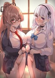 2girls azur_lane blush bowtie brown_hair choker cleavage dido_(azur_lane) dripping earrings embarrassed flashing glasses hair_ribbon hairband huge_breasts light-skinned_female light_skin long_hair multiple_girls no_panties pubic_hair purple_eyes pussy_juice red_eyes ribbon royal_navy_(azur_lane) school_uniform skirt skirt_lift sweat swiftsure_(azur_lane) swiftsure_(study_hall_cyclamen)_(azur_lane) tie tied_hair tight_clothing upanishi very_long_hair wet_pussy white_hair