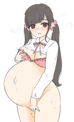 1girls big_breasts blush breasts cleavage female female_only holding_breast huge_belly large_breasts pregnant purinpaw ready_to_pop solo