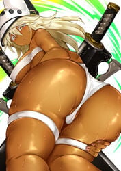 1girls ass bangs bare_shoulders breasts colored_eyelashes dark_skin eyebrows_visible_through_hair from_behind from_below green_background guilty_gear hair_between_eyes highres huge_ass long_hair looking_at_viewer looking_down makumaxu parted_lips raised_eyebrows ramlethal_valentine shiny shiny_skin skindentation solo sweat sword thick_thighs thighs underboob weapon white_background white_eyelashes white_headwear white_legwear wide_hips