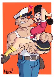 1boy 1girls ass black_hair bubble_butt busty butt canon_couple clothing couple duo female hourglass_figure human human_only male muscular muscular_male noctz olive_oyl popeye popeye_(series) sailor_hat smile tagme wide_hips