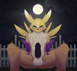 anthro balls big_balls big_penis black_penis blue_eyes blush chest_tuft clothing digimon digimon_(species) genitals gloves handwear humanoid_genitalia humanoid_penis male male_only markings night_sky penis renamon solo symmetry tuft warden006