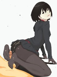 alternate_uniform ass bangs black_eyes black_gloves black_hair black_legwear black_panties black_skirt bob_cut breasts censored clothed_sex commentary cum cum_on_ass cum_on_body cum_on_lower_body cum_on_penis empty_eyes feet female fingers_on_ground foot_focus footjob gakuran gloves highres lace lace_panties light_blush long_sleeves looking_at_viewer looking_back looking_to_the_side monogatari_(series) naoetsu_high_school_uniform no_shoes noriko_(ni_noriko) oshino_ougi pale_skin panties pantyhose pantyshot parted_lips penis pleated_skirt school_uniform sex_in_skirt shadow short_hair skirt skirt_lift small_breasts soles solo_focus straight thighband_pantyhose toes two-footed_footjob underwear white_background