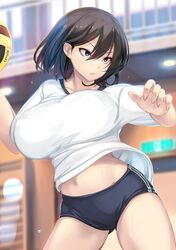 1girls absurd_res absurdres bare_legs bare_midriff bare_thighs belly belly_button big_breasts black_hair blue_buruma blue_eyes bouncing_breasts breasts bursting_breasts buruma clothed clothed_female clothes clothing cowboy_shot deep_navel eyebrows_visible_through_hair female female_focus female_only flying_sweatdrops fully_clothed gym gym_clothes gym_shirt gym_uniform hayakawa_mayumi hi_res highres huge_breasts indoors large_breasts legs navel nipple_bulge original original_character parted_lips shiki_(psychedelic_g2) shiny shiny_hair shiny_skin shiny_thighs shirt shirt_lift shirt_up short_hair smooth_skin solo solo_female solo_focus sweat sweatdrop sweating thick thick_legs thick_thighs thighs wet