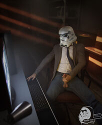 1boy 3d business_suit gay helmet male male_only masturbation penile_masturbation penis solo_male star_wars stormievn stormtrooper suit