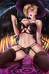 axlone black_lingerie black_stockings black_wings blonde_hair cum_in_mouth feet garter_straps high_heels magic_circle makeup mercy open_mouth overwatch panties pumpkin_earrings purple_eyes stockings witch_hat witch_mercy