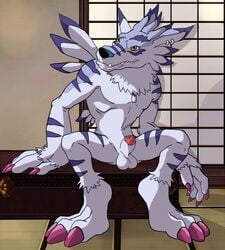 anthro balls canid canine digimon digimon_(species) dog_tags ear_piercing ear_ring genitals hand_on_object male male_only mammal nude otakujackal penis piercing scar smile solo teeth_showing thegreatmatsutzu weregarurumon yellow_eyes