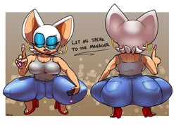 1girls anthro ass big_ass closed_eyes clothed clothing earrings english_text female female_only high_heels huge_ass jeans large_ass meme nipple_bulge painted_nails parumpi rouge_the_bat shortstack solo sonic_(series) spread_legs spreading squatting text thick_thighs thighs tight_clothes