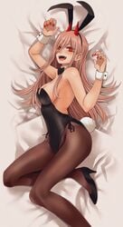 +_+ animal_ears black_leotard black_neckwear blush bow brown_legwear bunny_ears bunny_suit bunny_tail bunnysuit chainsaw_man demon_girl demon_horns fangs female female_only highleg highleg_leotard horns hoshi_san_3 mappa open_mouth pantyhose pink_hair power_(chainsaw_man) red_eyes red_horns sharp_teeth shounen_jump sideboob tail teeth very_long_hair