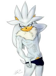 2020 5_fingers abs anthro biceps bulge clothed clothing eulipotyphlan fingers genital_outline genitals hand_on_head hedgehog hi_res humanoid_hands looking_at_viewer male male_only mammal midnightmuser monochrome muscular muscular_male nipples penis penis_base penis_outline silver_the_hedgehog simple_background smile soina solo sonic_(series) sonic_the_hedgehog_(series) topless white_background yellow_nipples