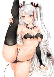 1girls :p absurdres antenna_hair ass_visible_through_thighs azur_lane bangs bikini black_bikini black_legwear blush breasts bridal_gauntlets brown_eyes cameltoe demon demon_horns demon_tail female highres horns iron_cross large_breasts leg_lift leg_up long_hair looking_at_viewer mole mole_on_breast multicolored_hair naughty_face navel necklace prinz_eugen_(azur_lane) pussy red_hair silver_hair simple_background smile solo split standing standing_on_one_leg standing_split streaked_hair succubus swept_bangs swimsuit tail thighhighs thighs tongue tongue_out two_side_up very_long_hair white_background yukineko1018