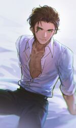 1boy alzi_xiaomi bed black_pants brown_hair chest_hair claude_von_riegan clothed_male fire_emblem fire_emblem:_three_houses gay green_eyes hairy_chest human human_only looking_at_viewer male male_focus male_only mattress pants shirt sitting sitting_on_bed solo unbuttoned unbuttoned_shirt white_background white_shirt