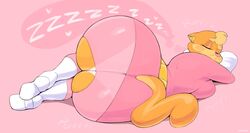 1girls anthro ass ass_focus big_ass bottom_heavy clothed clothing exposed_ass feline female female_focus female_only furry lilly_(vimhomeless) pink_background skin_tight sleeping solo tight_clothing vimhomeless