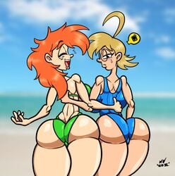 2girls ahoge annoyed beach bikini blonde_hair blue_eyes freckles glasses huge_ass looking_back nessvii original_character red_hair smile swimsuit