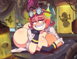 androjuniarto ass_focus big_ass big_breasts bubble_ass bubble_butt eyelashes gloves goggles happy huge_ass huge_breasts nadya_(androjuniarto) patchwork_skin round_ass scientist short_hair smile stiches voluptuous