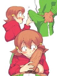 18-volt 1boy 1girls 1milf 5-volt admiring_penis brown_hair bulge clothed_female_nude_male drooling excited female hoodie huge_cock imminent_oral incest inkuusan male_pov mario_(series) milf nintendo penis penis_awe penis_on_face pov precum single_mom warioware white_background