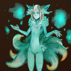 1:1 animal_humanoid blue_body blue_eyes breasts canid canid_humanoid canine canine_humanoid female fox_humanoid glowing hair horn humanoid inner_ear_fluff looking_at_viewer magic_user mammal mammal_humanoid monster_girl multi_tail navel nipples nude skinny small_breasts solo standing syvaron tuft v-cut white_hair