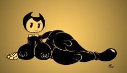 1girls bendy bendy_and_the_ink_machine bendy_fem bowtie exposed_torso female female_only footwear handwear huge_breasts huge_hips humanoid neckwear nessvii reclining rule_63 solo thick_thighs