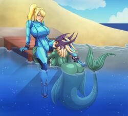 2021 absurd_res avalewds beach black_sclera blonde blue_eyes bodysuit bottomless commission crack_pairing crack_ship crossover crossover_pairing crossover_ship crossover_shipping crown cute dat_ass feet_in_water female female_only headgear high_heels human large_breasts league_of_legends long_hair marai mermaid metroid monster_girl nami_(league_of_legends) partially_submerged pier png ponytail red_eyes samus_aran sand water zero_suit zero_suit_samus