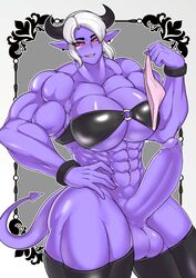 1futa 2020 abs absurd_res balls bandeau biceps big_muscles bottomless breasts clothed clothing deltoids demon erection futa_only futanari genitals gynomorph hair hand_on_hip hi_res horn humanoid humanoid_genitalia humanoid_penis humanoid_pointy_ears intersex legwear muscular muscular_gynomorph muscular_humanoid muscular_intersex panties penis pinkdiablo purple_body purple_skin quads red_sclera short_hair solo solo_futa thick_thighs thigh_highs topwear underwear white_hair