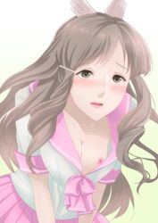 1girls blush breasts brown_eyes brown_hair cleavage fire_emblem fire_emblem_awakening leaning_forward long_hair looking_at_viewer medium_breasts nintendo nipples open_mouth sailor_uniform school_uniform schoolgirl shiki_(artist) solo solo_female sumia_(fire_emblem)