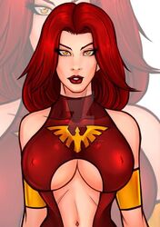 1girls breasts cleavage cleavage_cutout dark_phoenix female female_only human human_only jean_grey large_breasts light-skinned_female light_skin lipstick long_hair looking_at_viewer marvel navel navel_cutout ngtvisualstudio nipples_visible_through_clothing phoenix_(x-men) red_hair smile solo underboob watermark x-men yellow_eyes